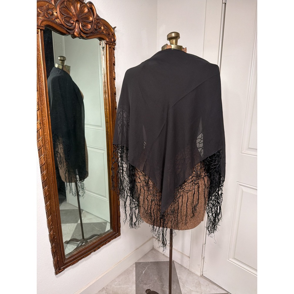Vintage Black Square Scarf Macrame Lace Fringe Shawl Wrap Boho Sheer Lightweight